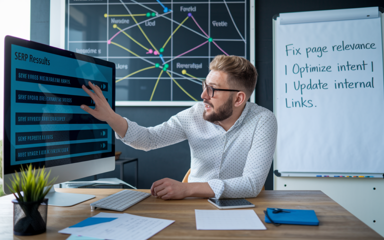 Man analyzing SEO results on computer screen