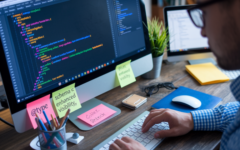 Person coding on computer with sticky notes.