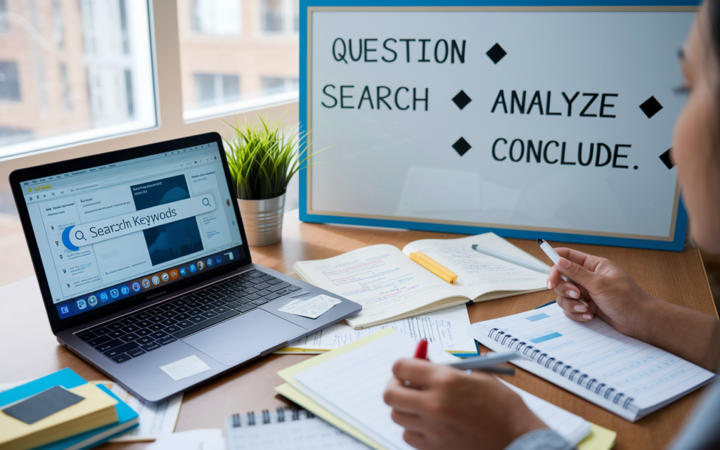 Person researching keywords and analyzing on laptop.