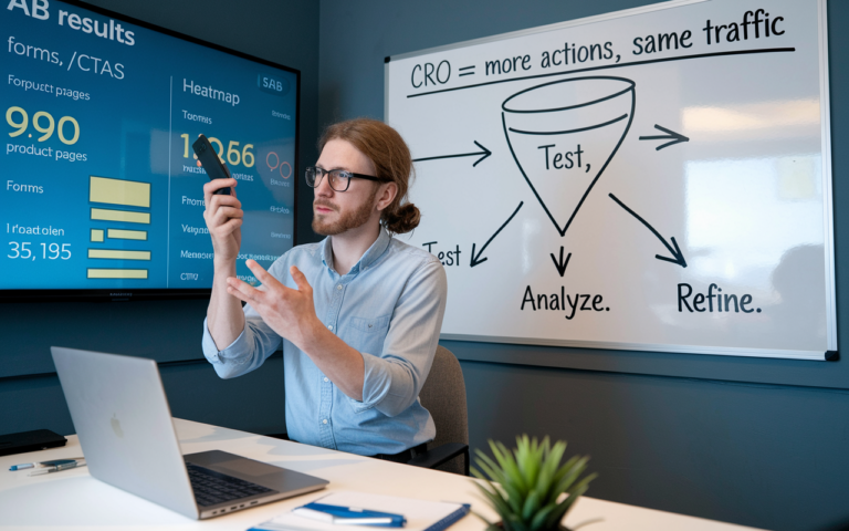 Man discussing CRO diagram and AB results on display.