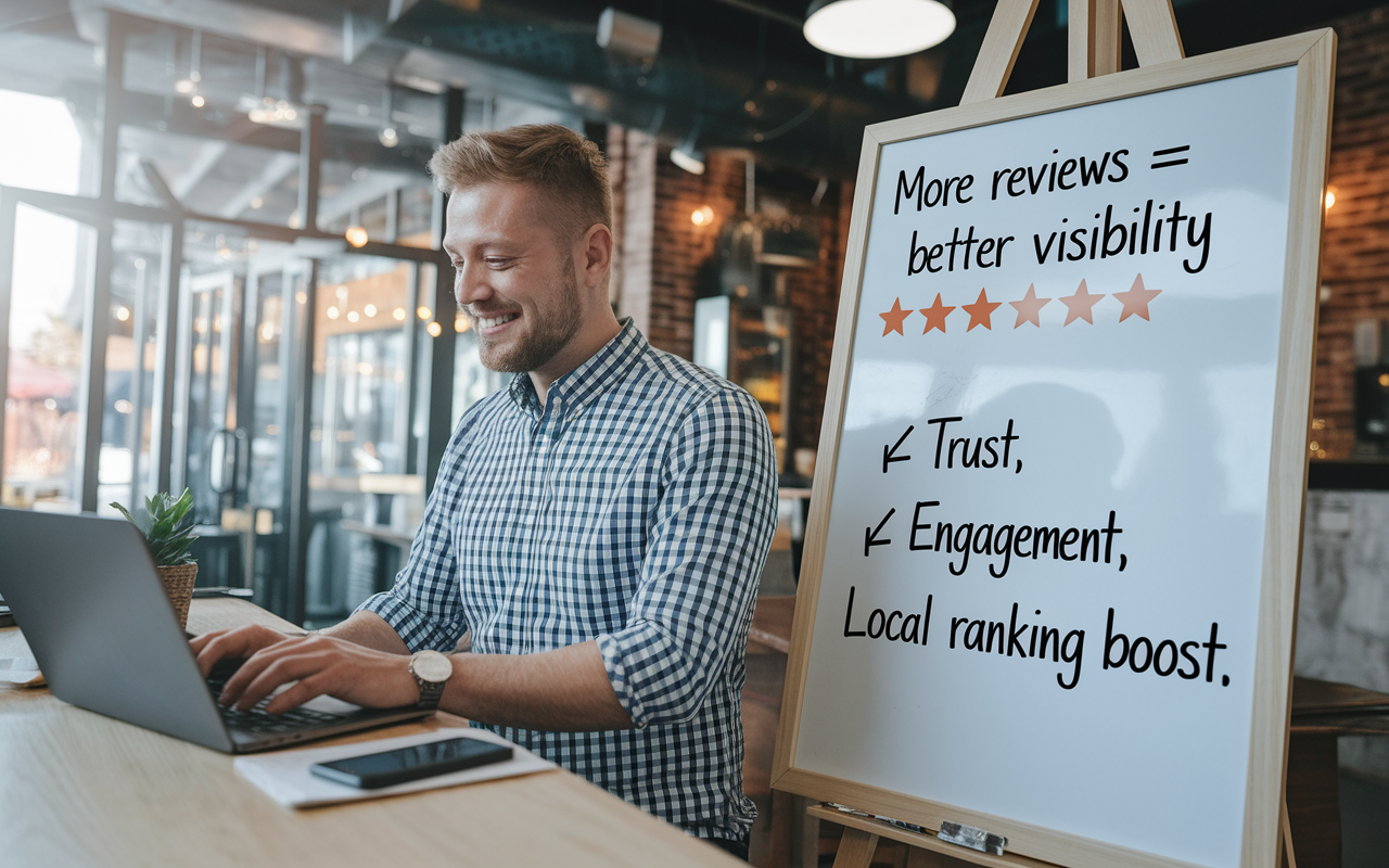 Man working on laptop beside review board