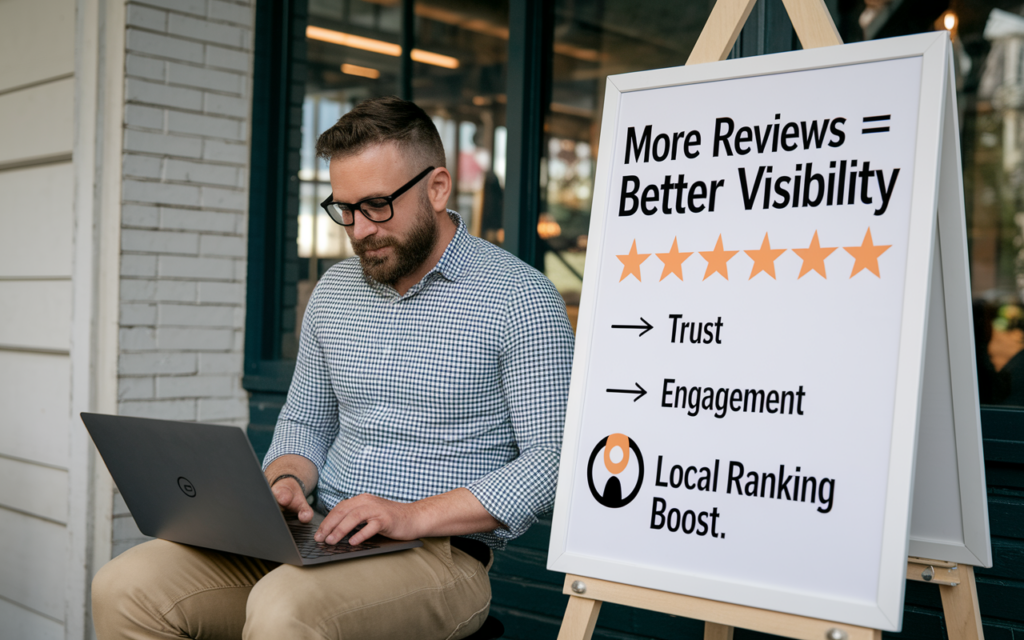 Man working on laptop next to review poster