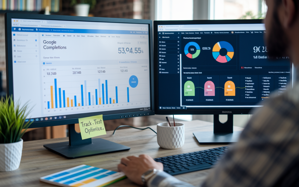 Person analyzing data on computer screens with charts.