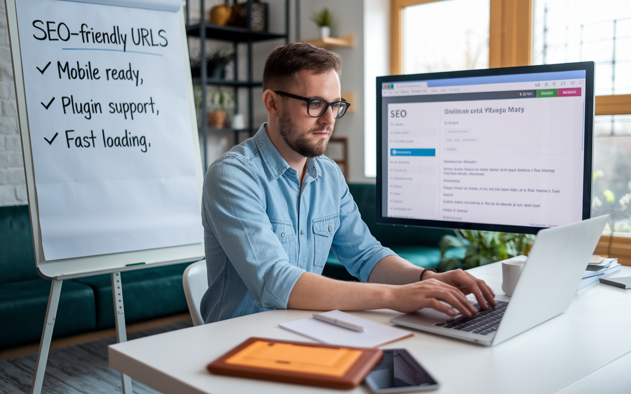 Man working on SEO, computer and checklist visible.