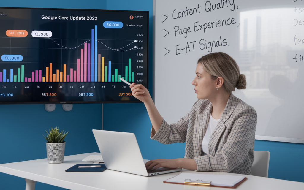 Woman analyzing Google Core Update data chart.