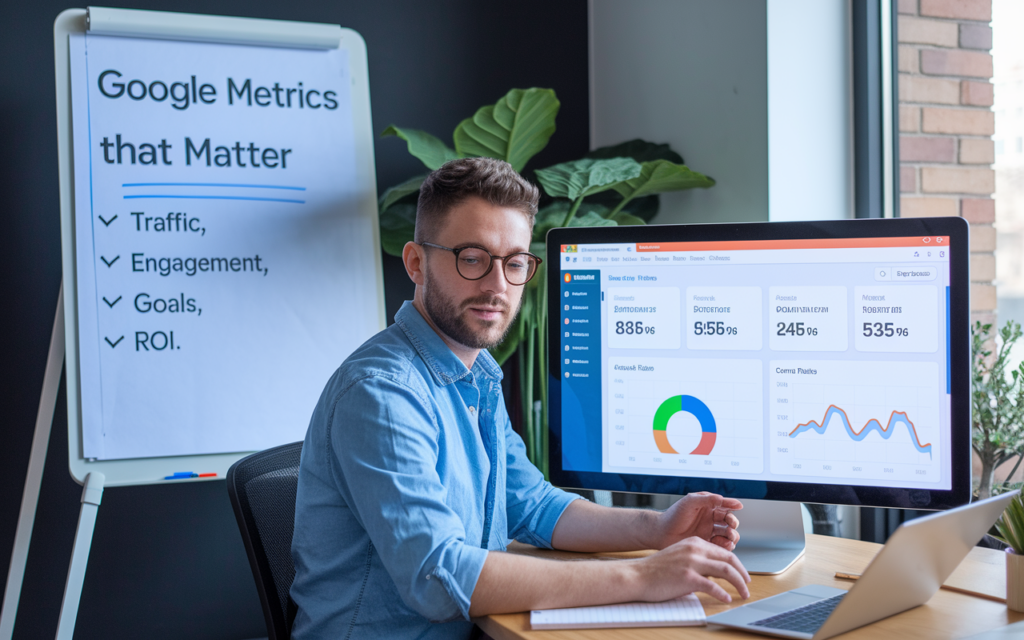 Man analyzing Google metrics on computer screen.