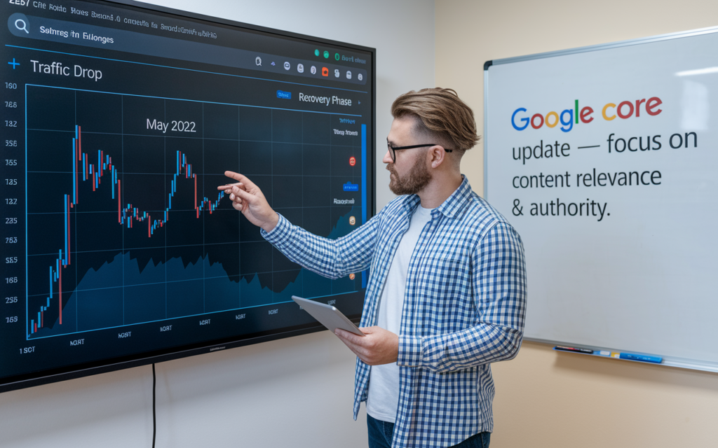 Man analyzing SEO traffic drop chart on screen.