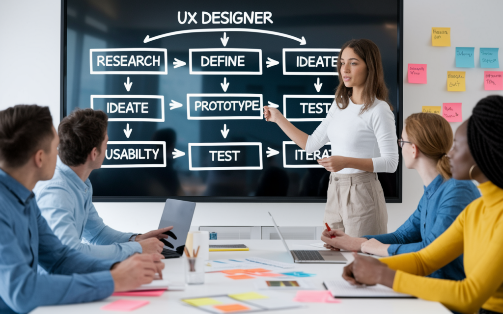 Team discussing UX design process flowchart