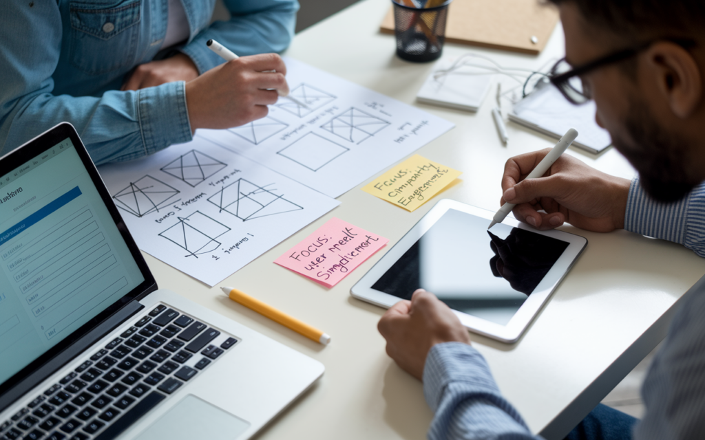 Designers brainstorming with wireframes and tablet sketches.