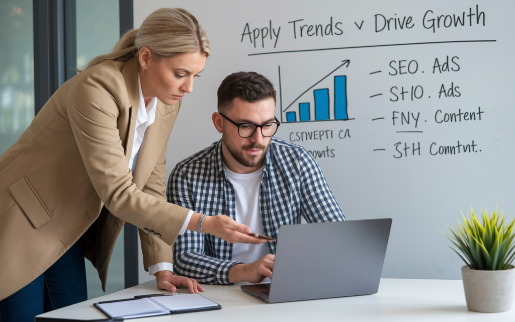 Two colleagues discussing growth strategies.