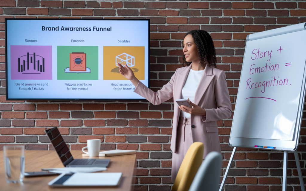 Woman presenting brand awareness strategy.