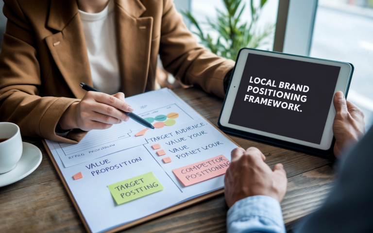 Business meeting on local brand positioning strategies.