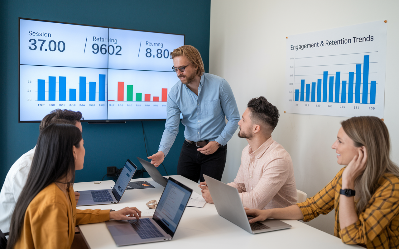 Team meeting discussing data and analytics on screens.