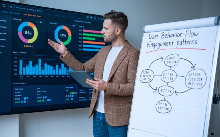Man presenting data on screen and whiteboard