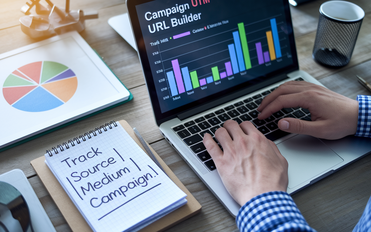 Person analyzing marketing data on laptop and notebook.