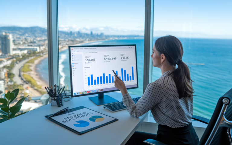 Woman analyzing data on a screen by ocean.