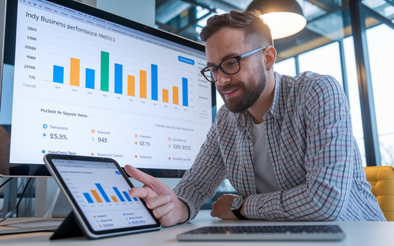Man analyzing business metrics on tablet and computer.