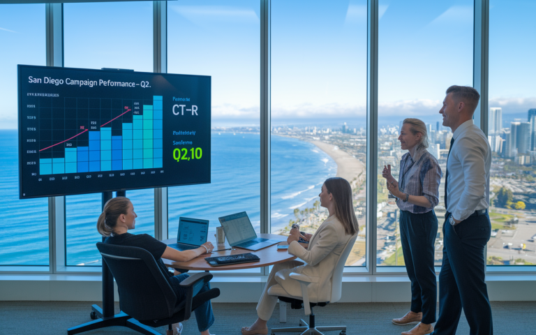 Team analyzing Q2 campaign performance data on screen.