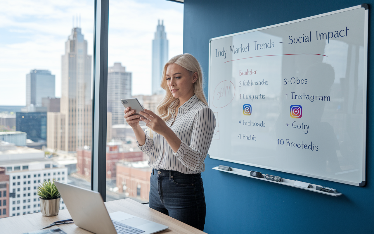 Woman analyzing market trends on smartphone.