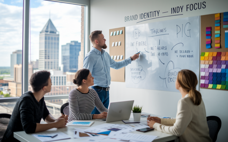 Team discussing brand identity strategy in office.