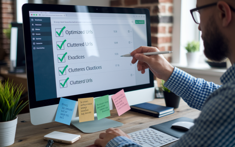 Person optimizing URLs on computer screen checklist.