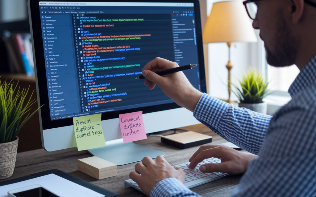 Man coding on computer with SEO notes.