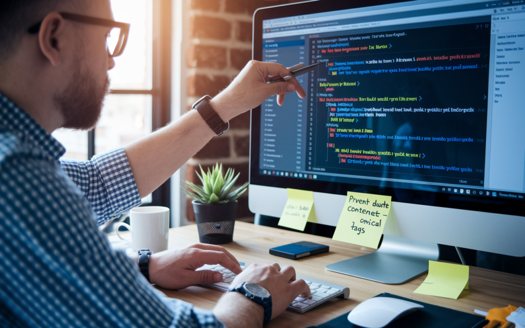 Developer pointing at code on computer screen