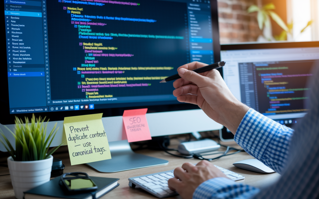Developer coding with SEO and content notes
