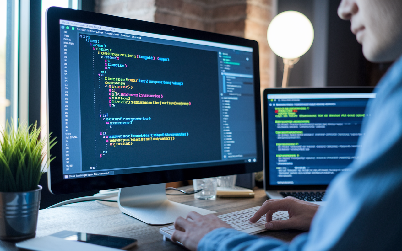 Person coding on dual monitors in office workspace.