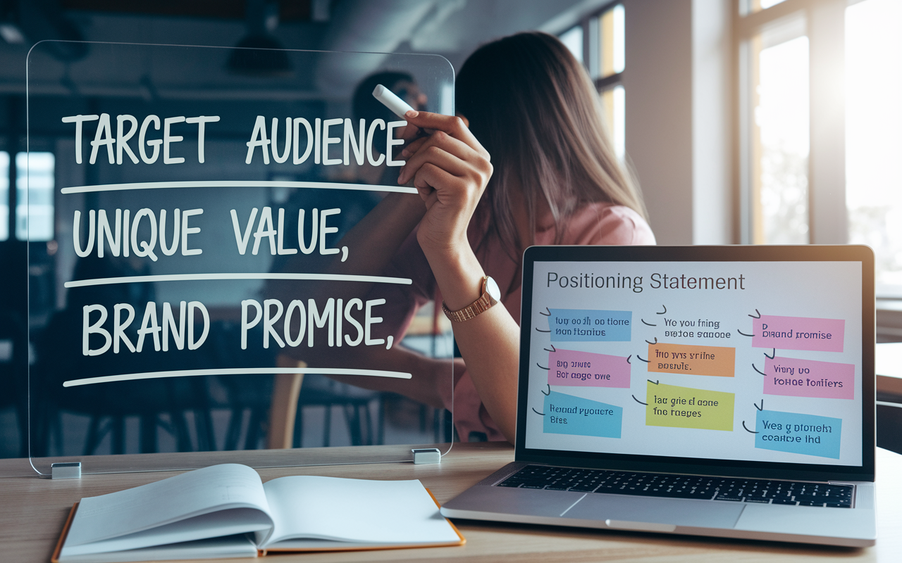 Businesswoman studying brand positioning strategy on laptop and glass board.