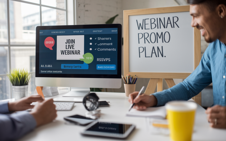 Planning webinar promotions and strategy session.