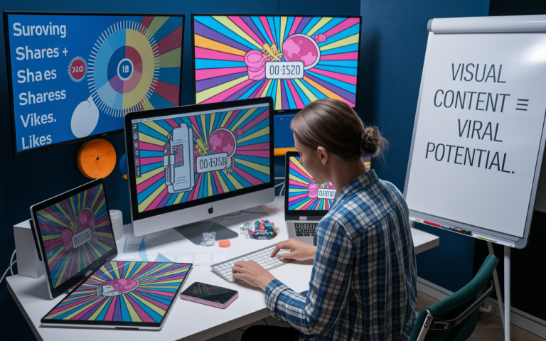 Designer working on viral visual content project.