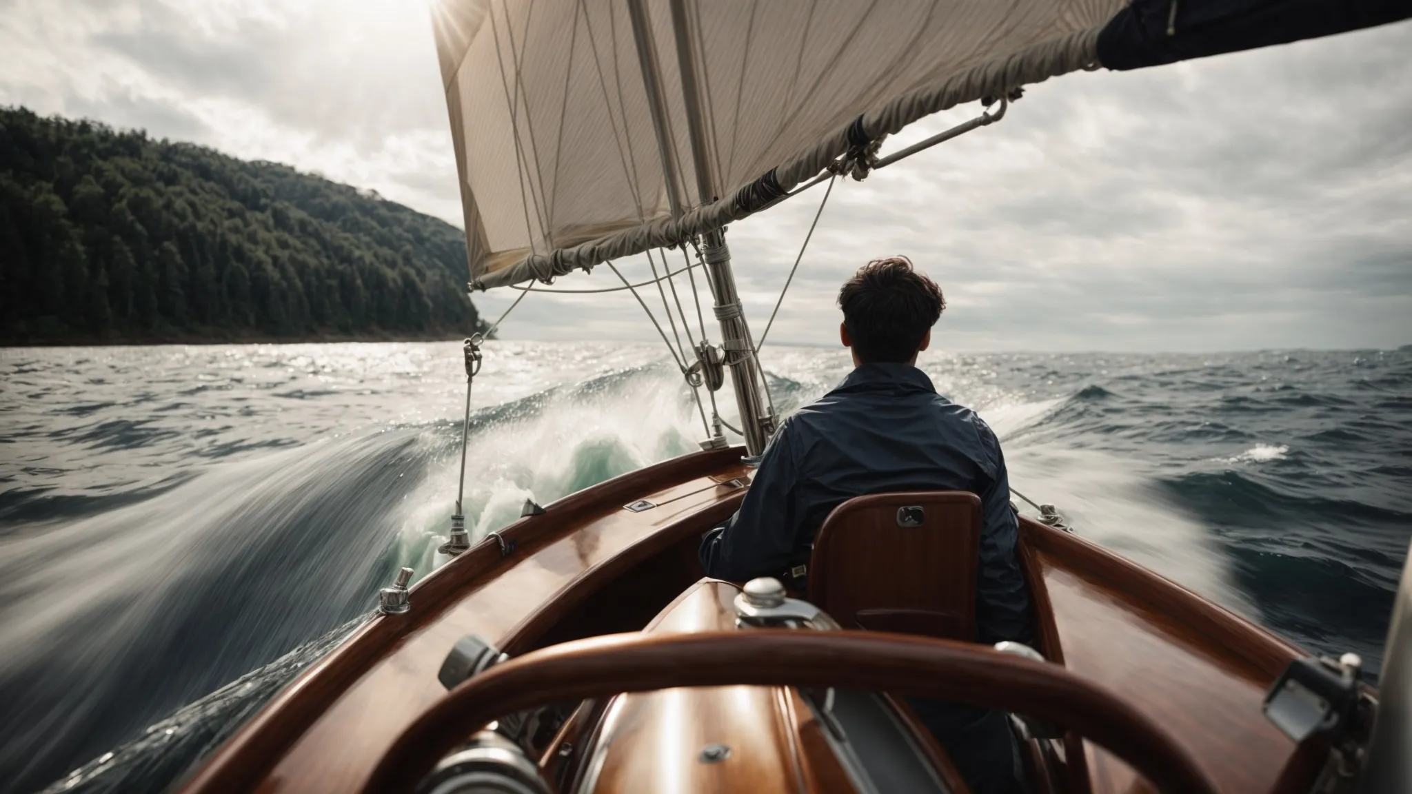 a person steering a sailboat on a dynamic river, skillfully navigating through changing currents under a vast sky.