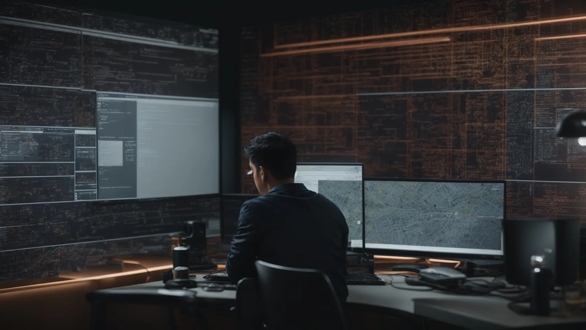 a web developer scrutinizes a computer screen displaying a complex website structure map, surrounded by seo analysis tools.
