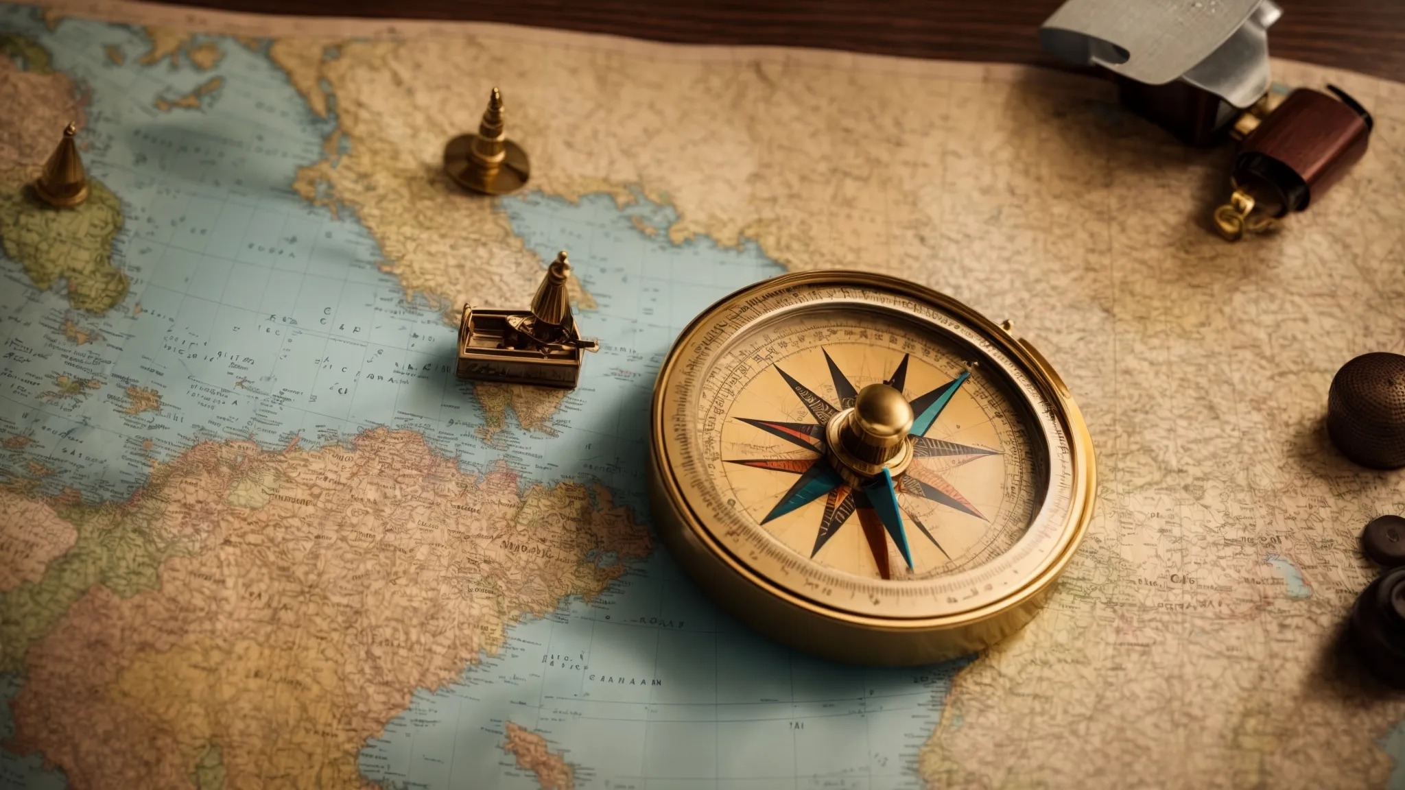 a compass lying on top of a vibrant map, surrounded by diverse figurines representing customers.