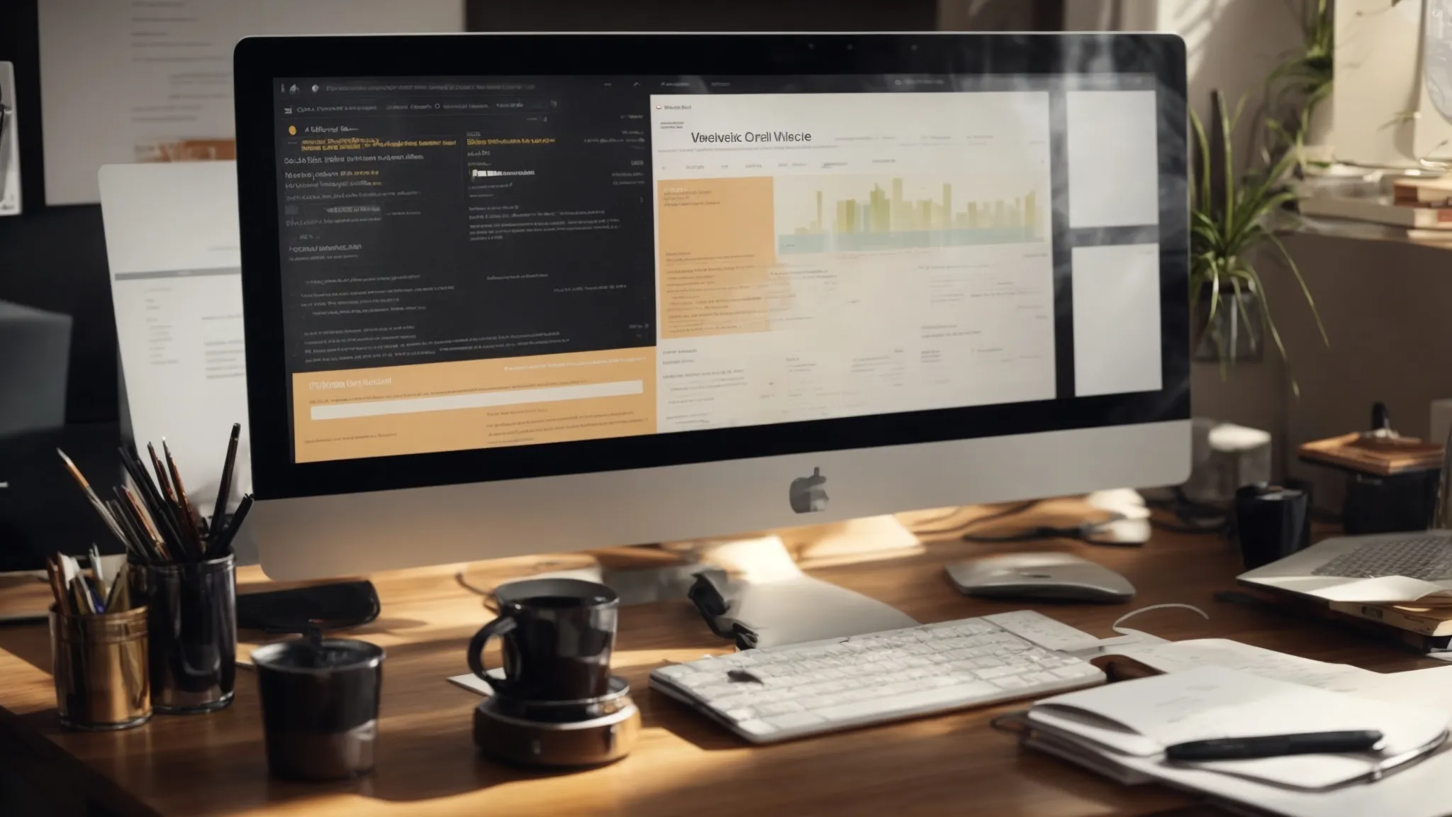 a neat office desk with a computer displaying a website development interface, surrounded by notes on seo strategies.