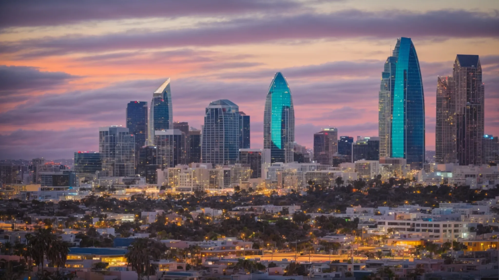 a panoramic view of san diego's skyline blending into a colorful data dashboard highlighting market trends.
