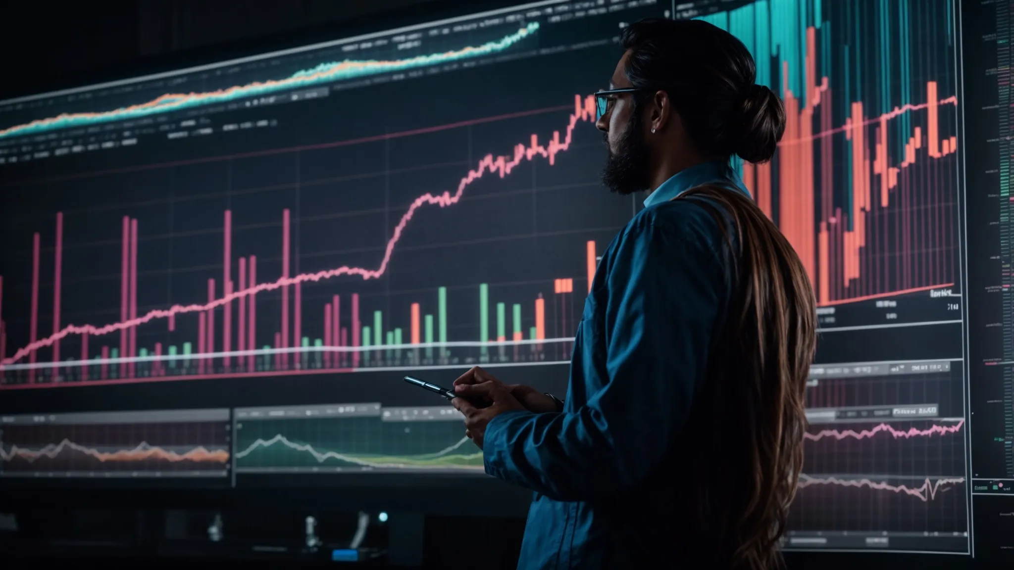 a professional in front of a large screen displaying colorful graphs and charts, deeply engrossed in analyzing data trends.