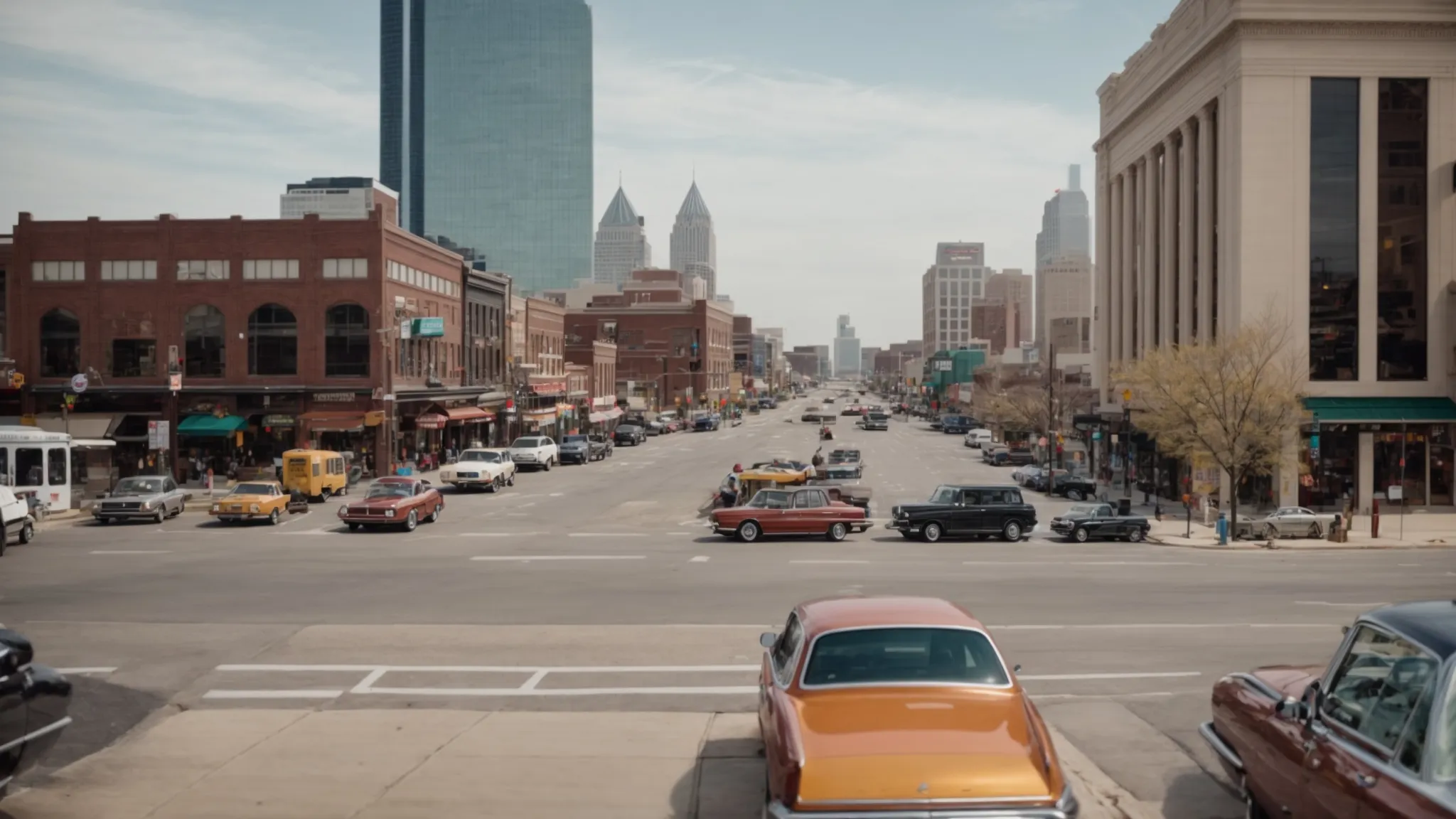 a panoramic view of indianapolis showing diverse businesses and bustling streets under a clear sky.