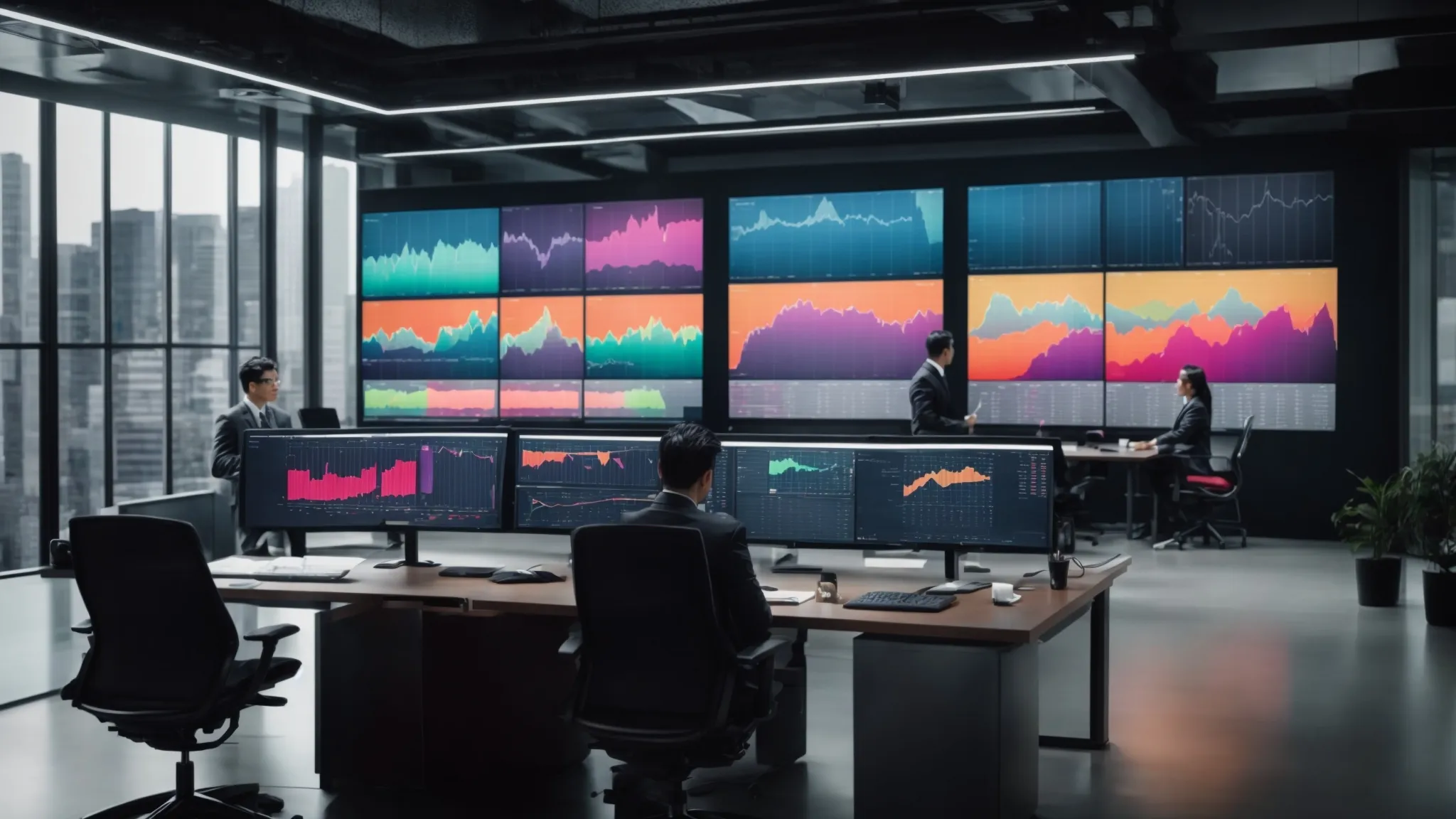 a sleek, modern office with multiple large screens displaying colorful charts and graphs while a team observes from a conference table.
