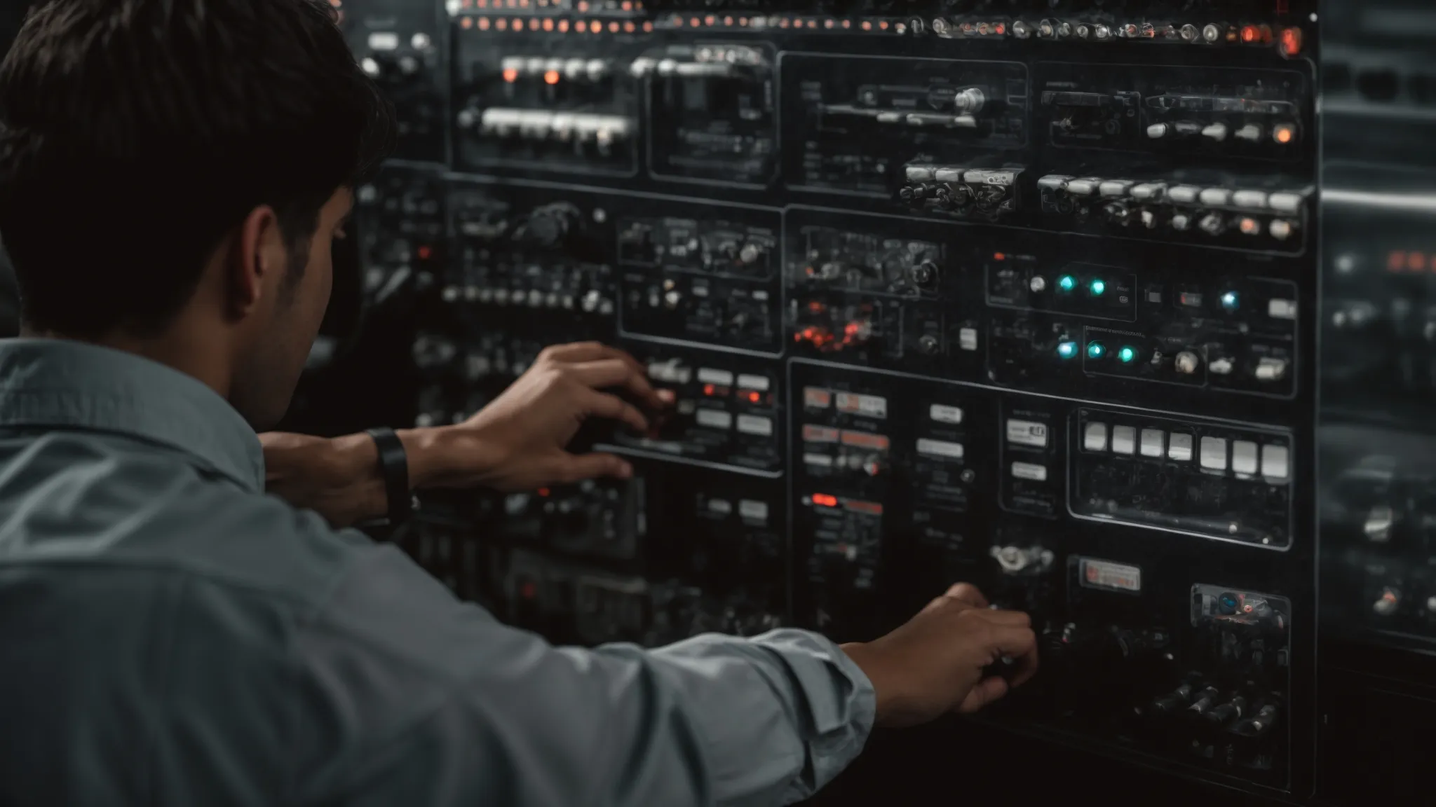 a webmaster meticulously adjusting levers on a large, intricate control panel that represents a website's seo settings.