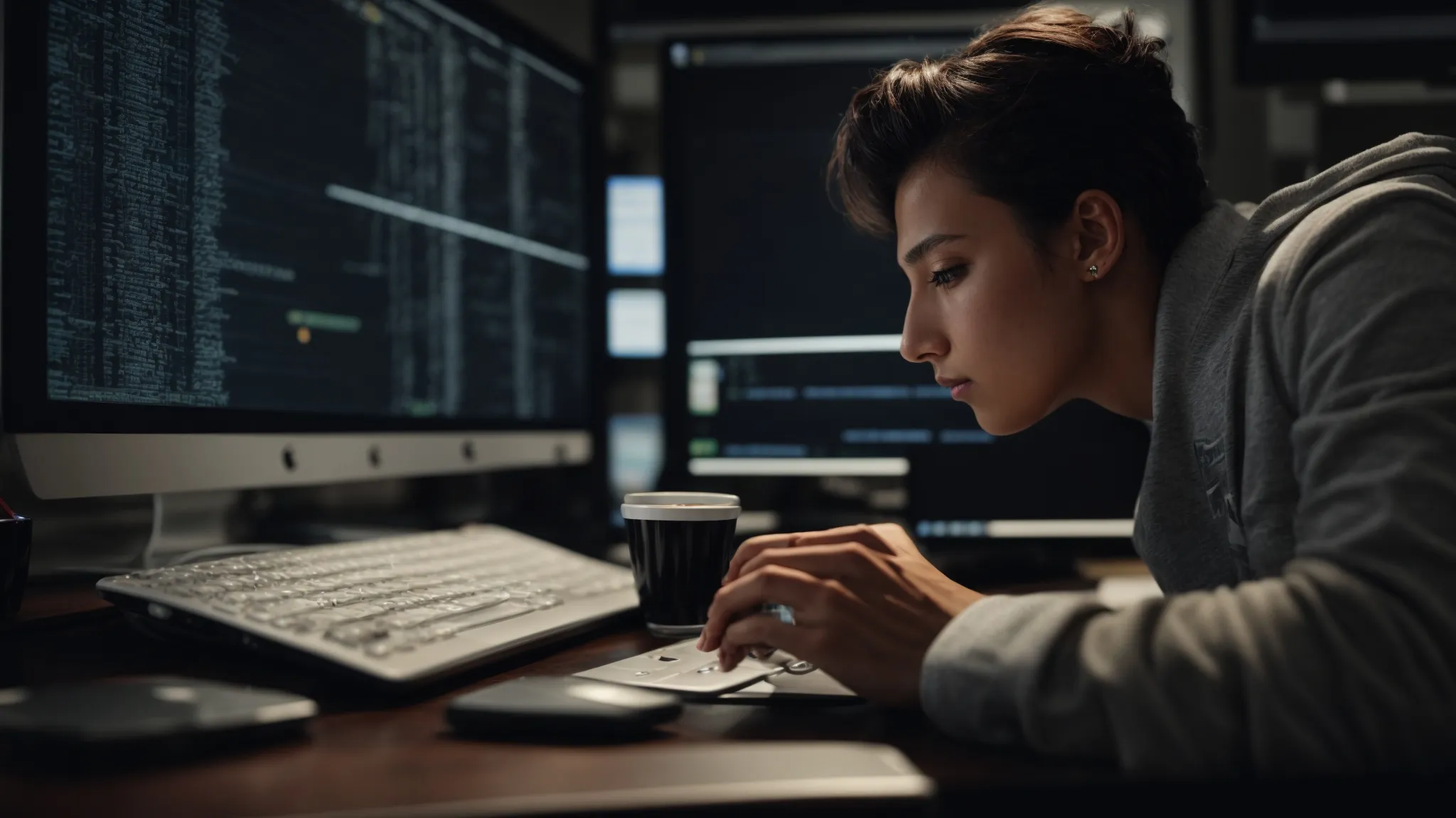 a web developer reviews code on a computer screen, optimizing a website's structure for search engines.