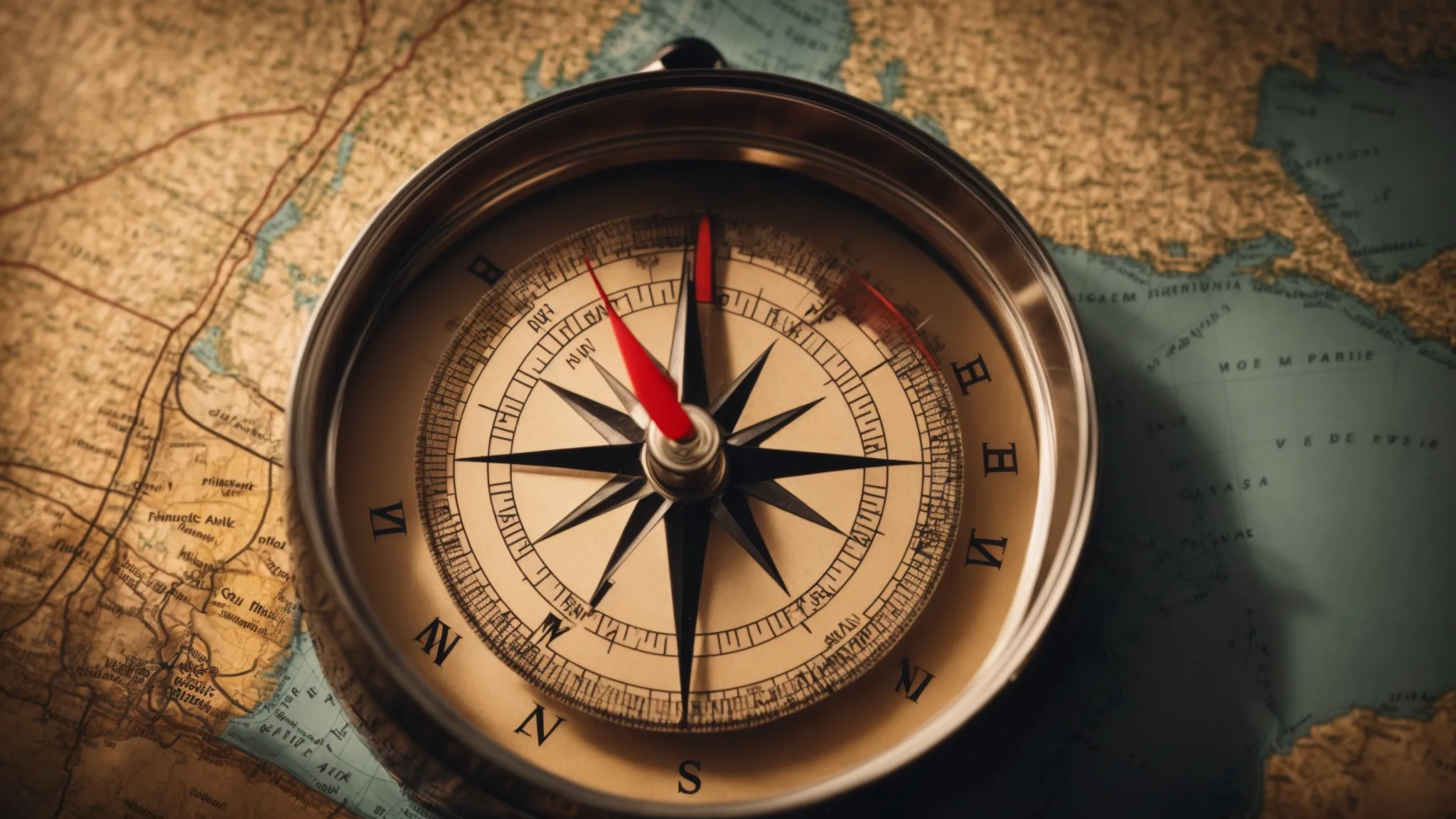 a close-up of a compass on a navigational map, highlighting the concept of direction and exploration.