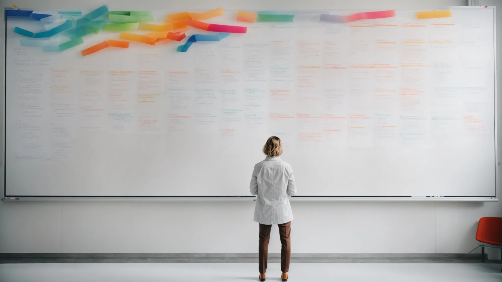 a person standing before a large whiteboard, outlining a strategic plan with colorful markers.