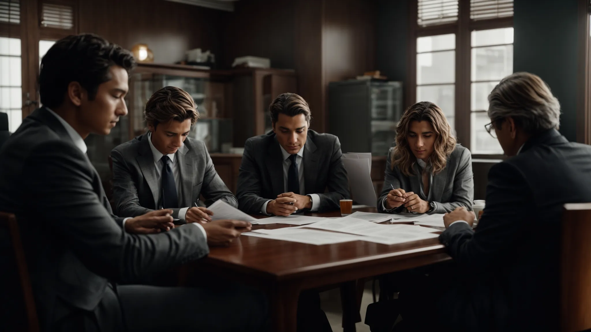 a group of professionals gathered around a table, reviewing documents and discussing ideas.