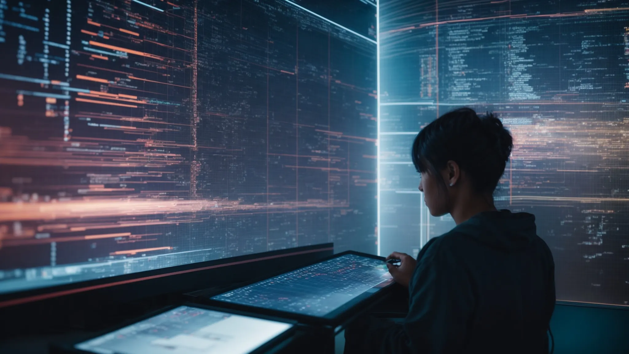 a person intently studies a large, glowing digital screen filled with coding and abstract illustrations of robots and search engine algorithms.