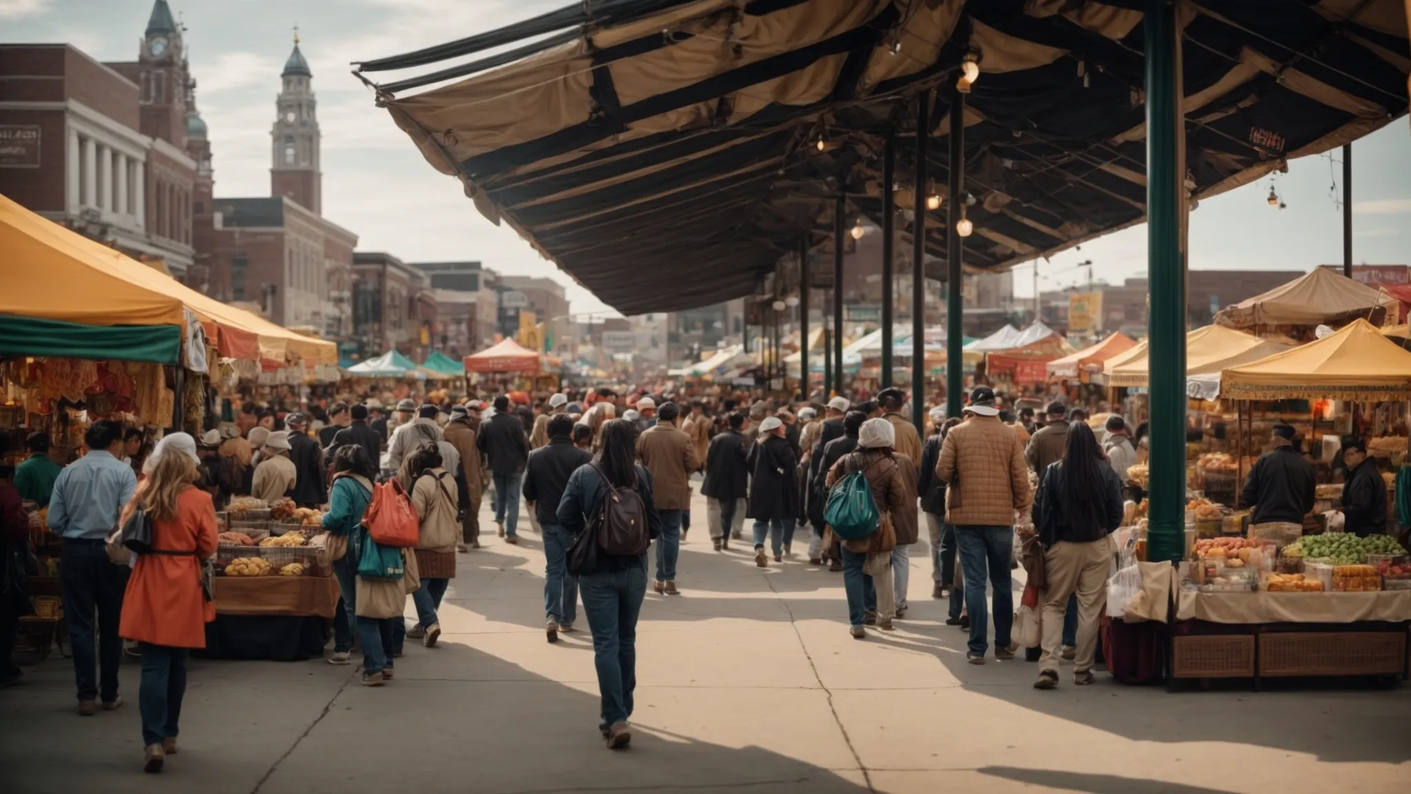 a bustling indianapolis marketplace scene with vibrant stalls and diverse crowds, encapsulating the city's lively spirit.