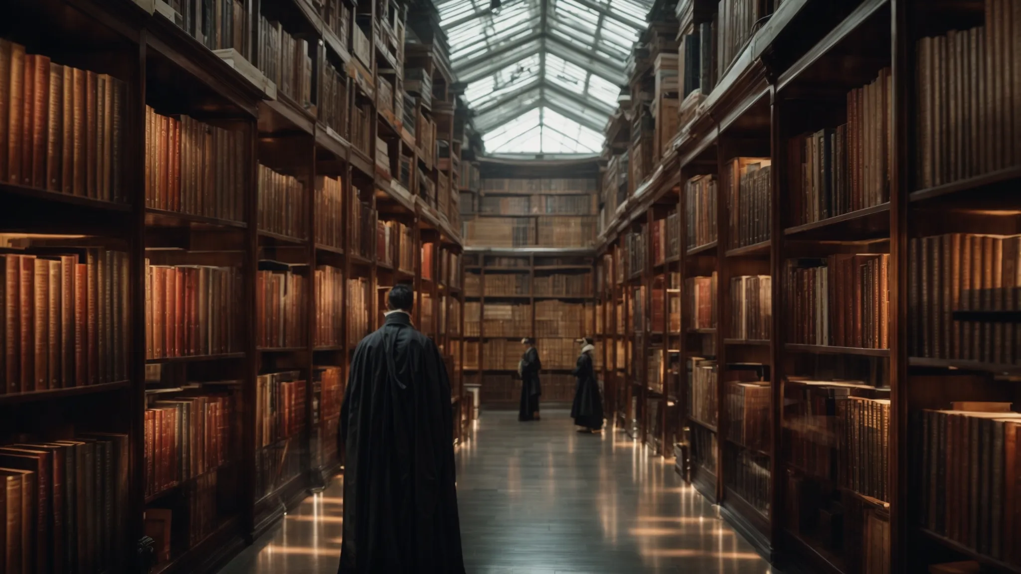 a grand library with infinite rows of books representing web pages, while ghostly figures navigate and organize the shelves, symbolizing the unseen work of robots meta tags.