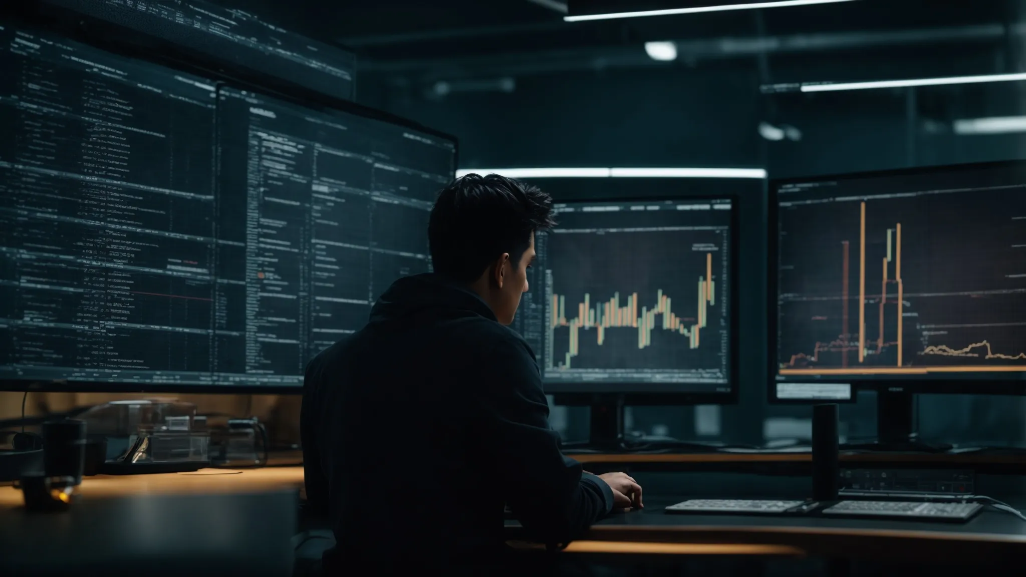 a person sits before a large monitor, peering intently at a complex dashboard displaying website analytics and code snippets.