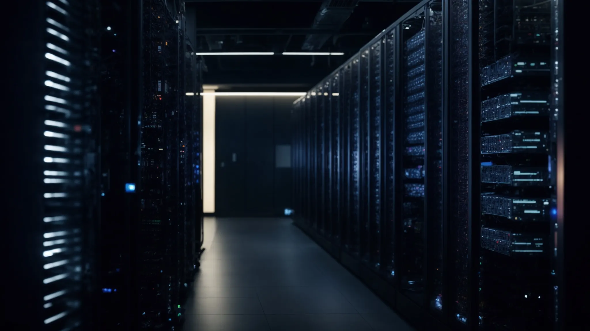 a panoramic view of servers and wires sprawling across a dimly lit data center, symbolizing the complexity and continuous adaptation of the digital landscape.